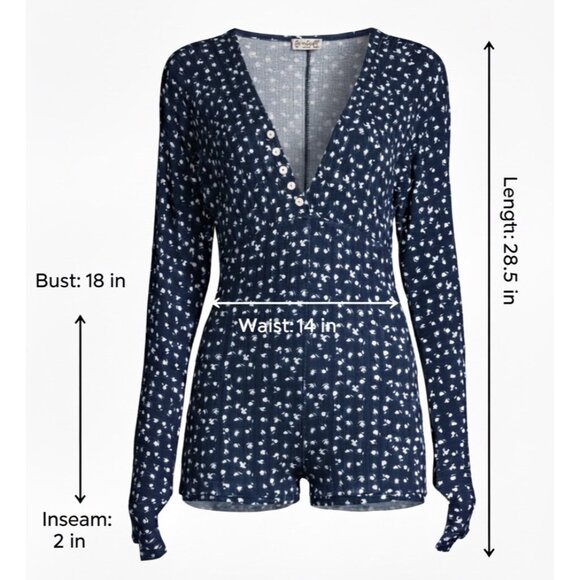 Free People Navy Floral L/S Thumbhole Romper PJ | Soft Girl Boho Coquette Lounge - Picture 9 of 16